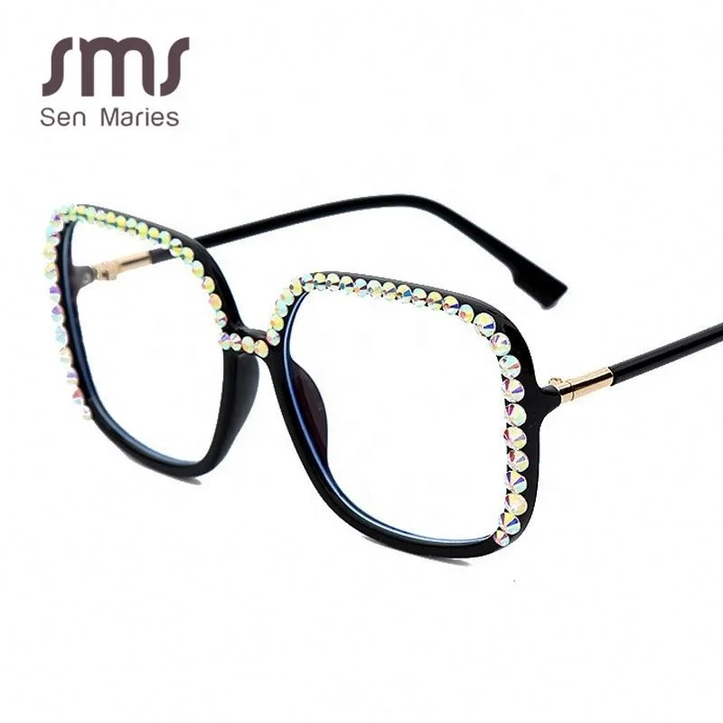 

Latest Product Oversized Diamond Square Glasses Frame, Women Eyeglasses Luxury Crystal Clear Lens Glasses, As pic shows