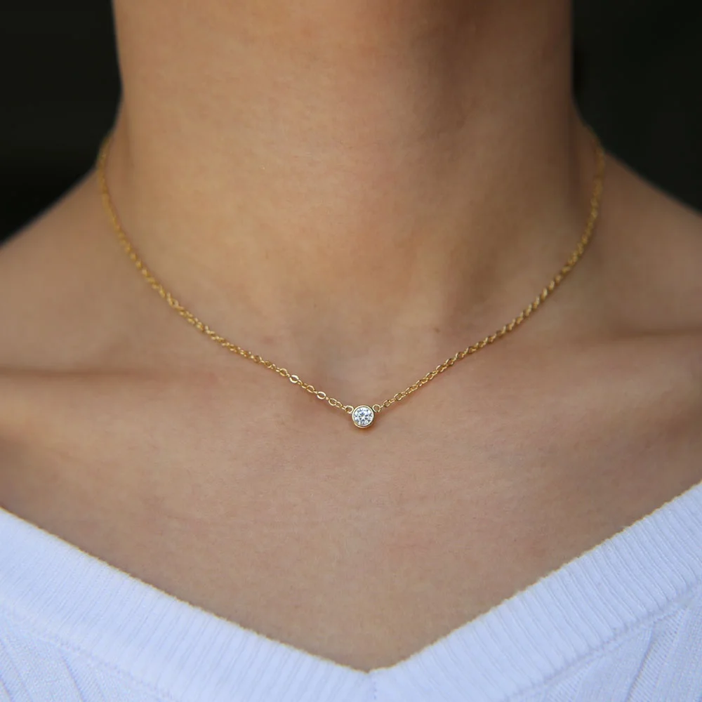 

simple 4mm bezel cubic zirconia delicate simple girl women gift gold delicate bezel cz necklace