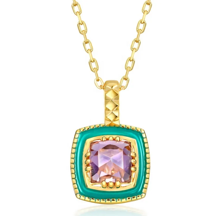 

Hot Sale Fashion 925 Silver Big Gemstones Amethyst Enamel Pendant Women Gold Plated Jewelry Dainty Pendant