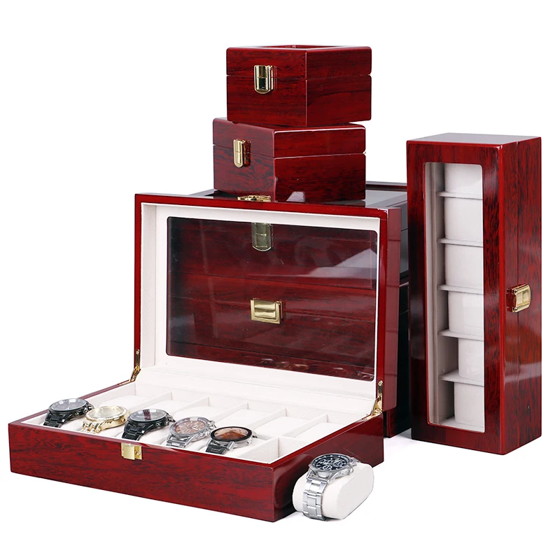 

High Glossy Lacquered 12 Slot Wood Grain MDF Piano Wrist Bracelet Watches organizer case Watch Storage Box, Red