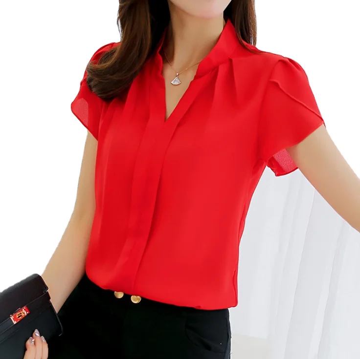 

2019 Summer Women Chiffon Blouse Short Sleeve Red Office Ladies Shirts Plus Size Work Top Plus Size Female Clothing