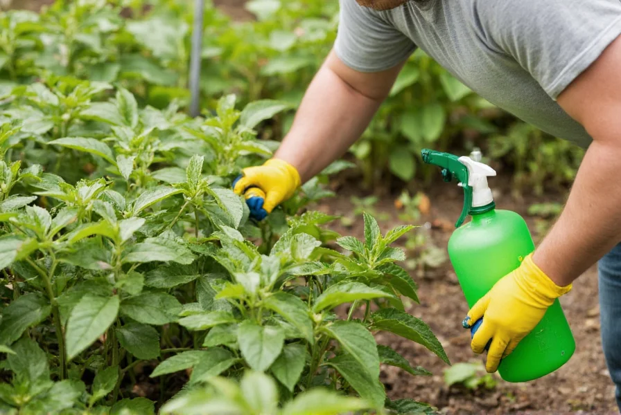 Home gardener applying organic chili-based pest control solution to vegetable plants