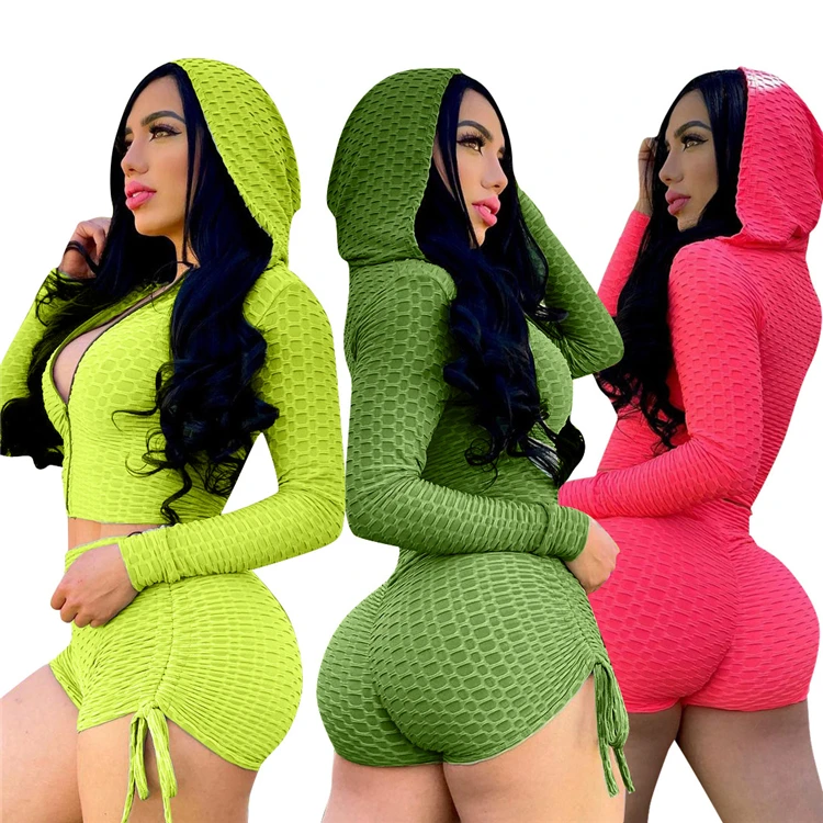 

DUODUOCOLOR Summer 2021 new women's slim fashion sexy shorts solid color hoodie set two pieces D97177