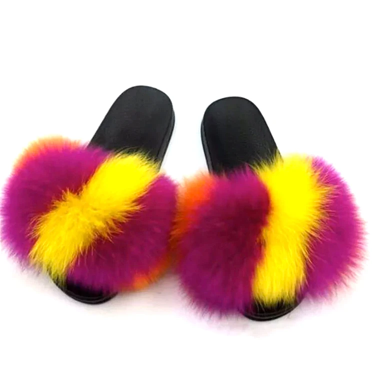 

Fashion PVC Indoor Slippers Real Fox Mix Raccoon Fur Slides Women Sandals, Multi color single color