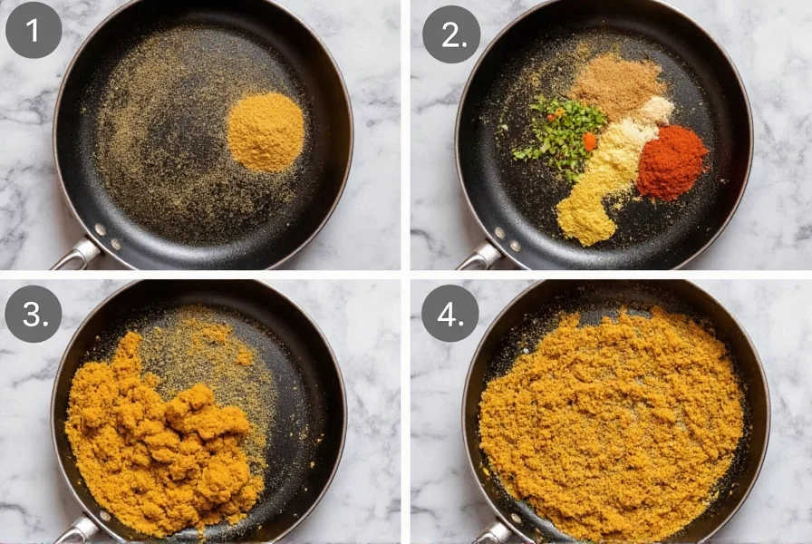 Step-by-step preparation of Indian tempering with garlic powder substitute for asafoetida in a traditional tadka pan