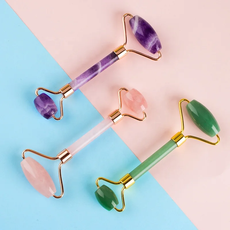 

Wholesale Jade Stone Facial Massage Roller 100% Natural Pink Rose Quartz Jade Roller Gua Sha Set
