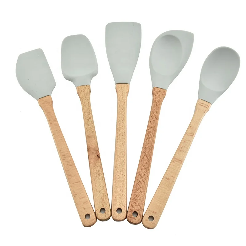 

Factory Wholesale Professional 5 Pcs Silicone Wooden Handle Utensil Set, Customized