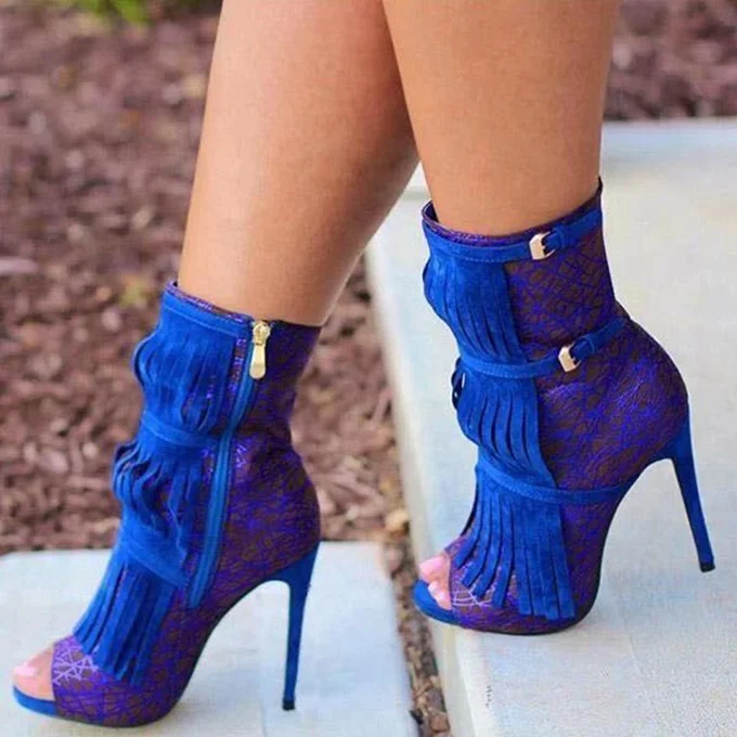 

Women's Summer Ankle Boots Sexy Peep Toe Tassel Thin High Heeled Shoes Side Zipper Plus Size 45 Luxury Short Booties for Lady