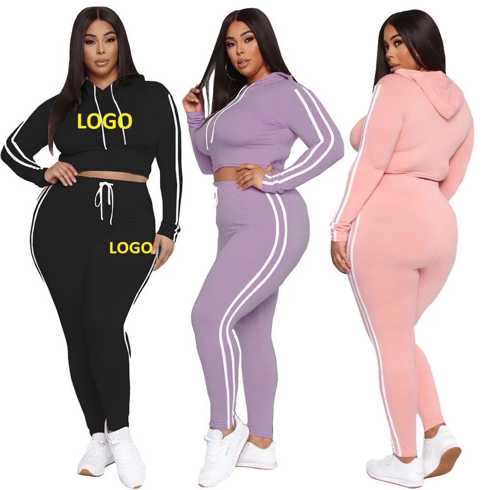 

Plus Size Women'S Sets Long Sleeve Cropped Top Hoodie 2 Piece Jogger Set Side Stripe Two Piece Set Stripe Tracksuits With Side