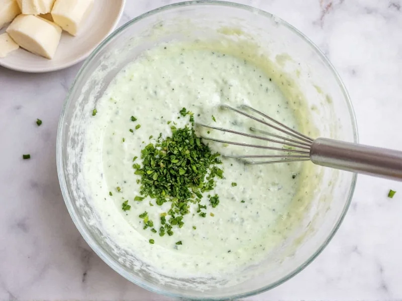 Whisking fresh herbs into creamy ranch dressing mixture