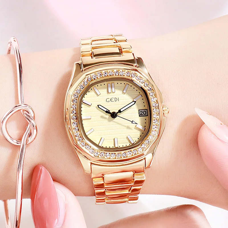 

Gedi Hot Selling Hot Sales Calendar Women's Steel Belt Watch Luxury Gold Color High-End WOMEN'S Watch Measuring Watch