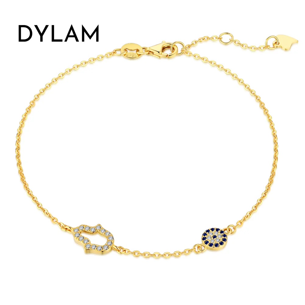 

Dylam Wholesale Jewelry S925 Sterling Silver Cubic Zircon Bracelet Blue Devil Eye Jewellery Hand Bracelet 18K Gold Diamond Women