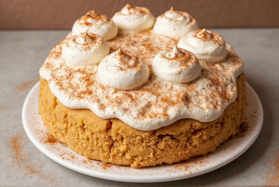 Finished cinnamon poke cake with decorative whipped cream swirls and cinnamon dusting on serving platter