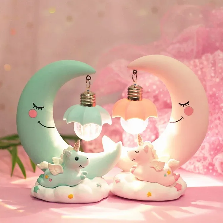 Cartoon Resin Romantic Bedroom Decor Moon Unicorn Night Light Lamp for Baby Kids Birthday Xmas Gift