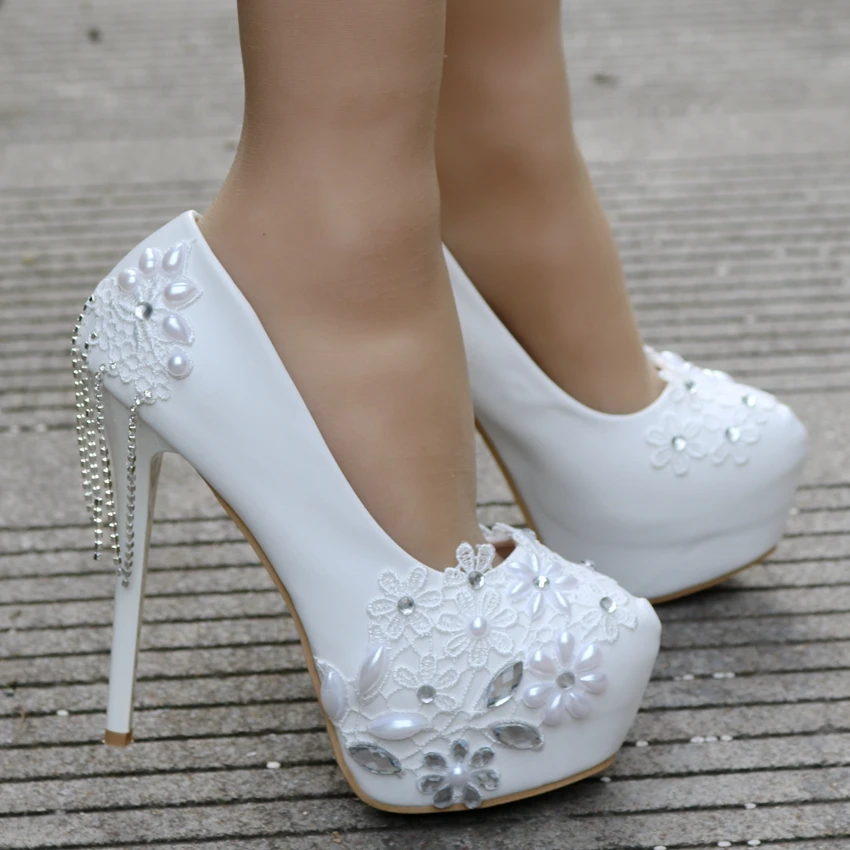 

Crystal Queen Single Rhinestone Shoes Women Pumps White Lace Flower Tassels High-Heeled Dress Shoes Platform Pearl Wedding Shoes
