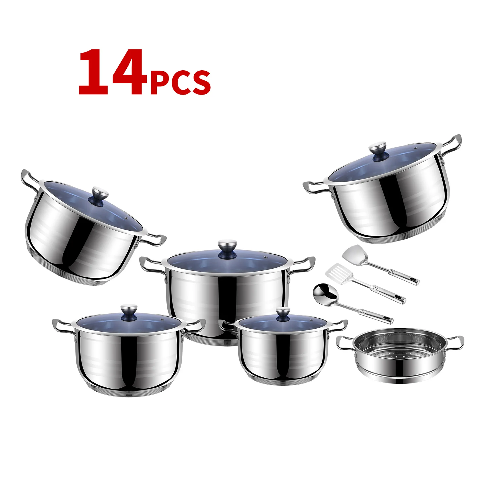 

High quality 201 material stainless steel kitchen pot with glass lid 14pcs cookware set