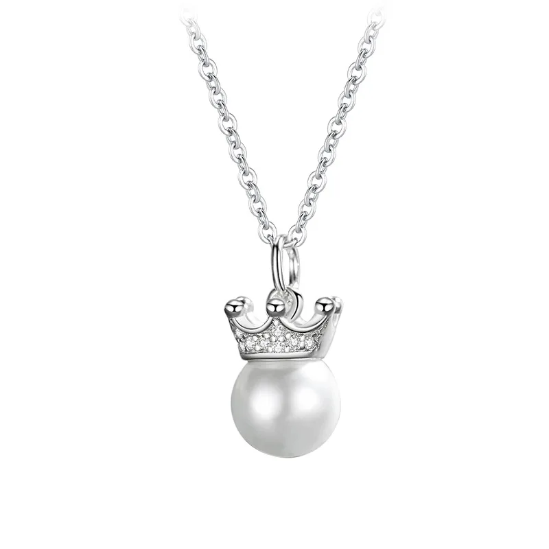 

925 Sterling Silver Cubic Zirconia Freshwater Pearl Crown Pendants Women Jewelry Necklace