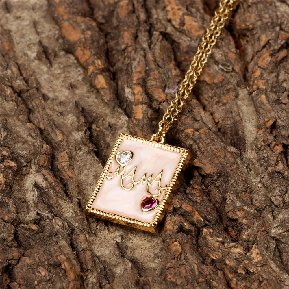 

Hot Sale Gold Plated Love Heart Crystal Paved Necklace Enamel English Letter MAMA Square Pendant Necklace For Girls
