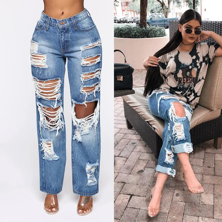 

Fall boutique high waisted ripped jeans Fancy girls stylish scratch trousers female women ripped destroyed jeans Streetwear Jean