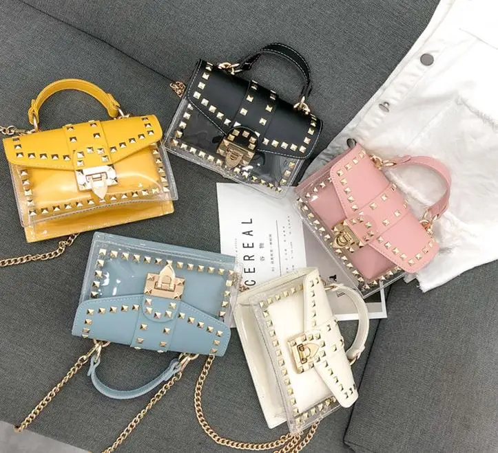 

PVC Rivet Square Bag Clear Shoulder Bag Purse 2 in 1 Transparent Crossbody Bag Jelly Handbag, 5 colors