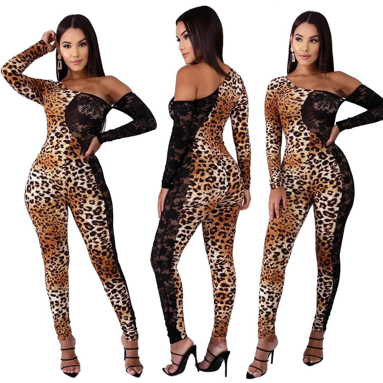 

manufacturer wholesaling leopard lace one shoulder long sleeve sexy jumpsuit autumn high end bodysuit jumpsuit women