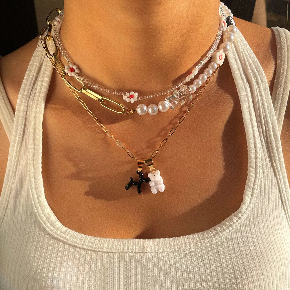 

Women Charms Jewelry Fashion Multilayer Chunky Paperclip Cuban Chain Pearl Choker Cute Cartoon Balloon Dog Gummy Bear Necklace, Mixed color