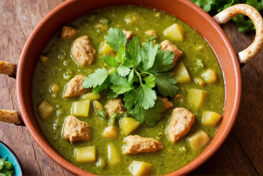 Chicken chili verde in a clay pot with fresh cilantro garnish, showing vibrant green sauce with tender chicken pieces and tomatillo chunks