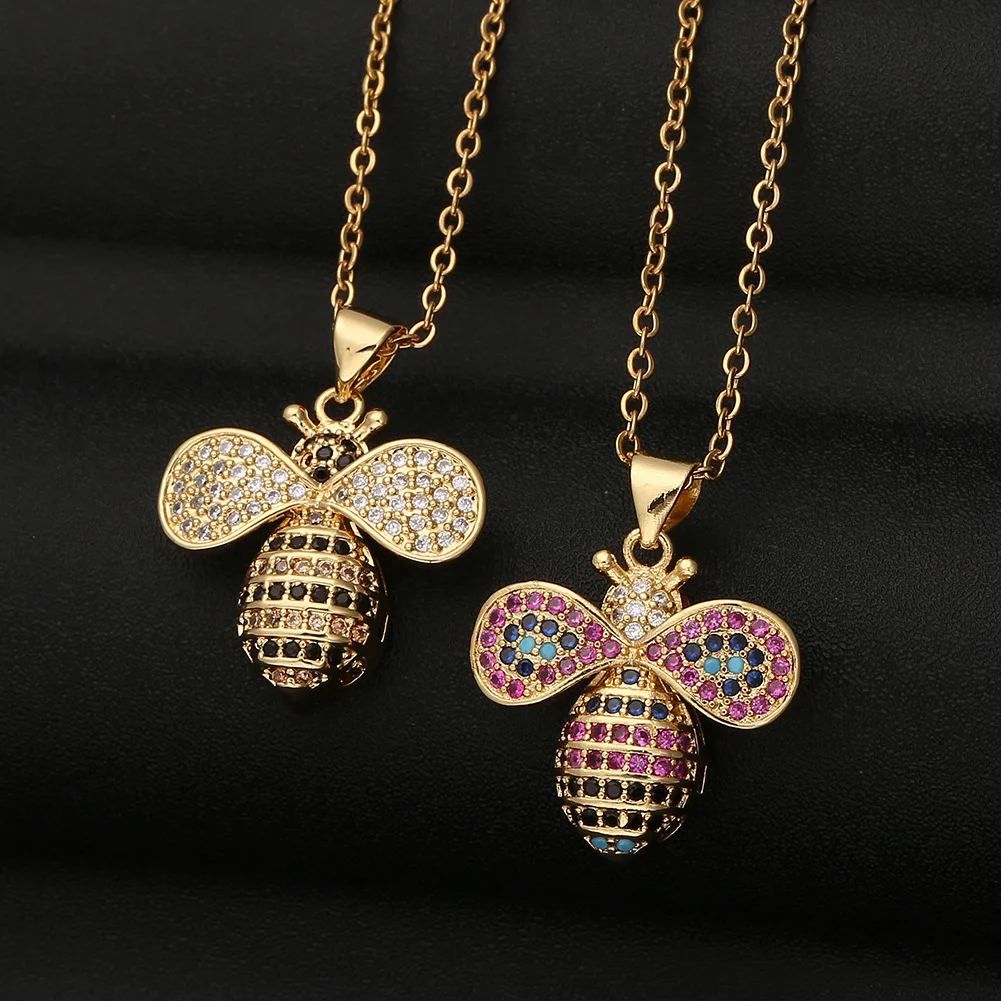 

Hot Selling Jewelry Ins Simple Micro Inlaid Color Zircon Bee Pendant Necklace For Women