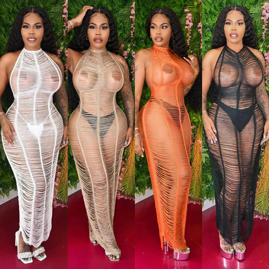 

Kliou W21D03198 Wholesale 2021 See Through Mesh Halter Backless Dress Hollow Out Design Women Dresses