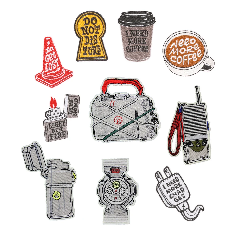 creative outdoor equipment theme lighter plug suitcase watch design iron on embroidery patches