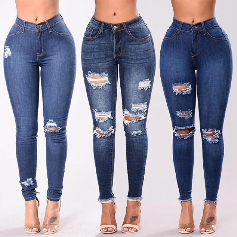 

2020 Fashion Denim Women's Juniors Distressed Slim Fit Stretchy Skinny ripped Jeans, Polyester / cotton