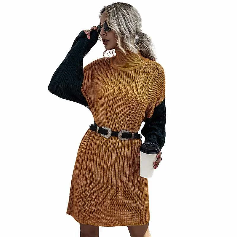 

Patchwork Color Design Women High Collar Long Sleeve Sweater Dress