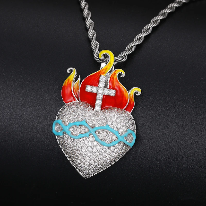 Glow In The Dark New Design Hip Hop Men 925 Sterling Silver VVS Moissanite Iced Out Fire Heart Pendant Necklace With Cross