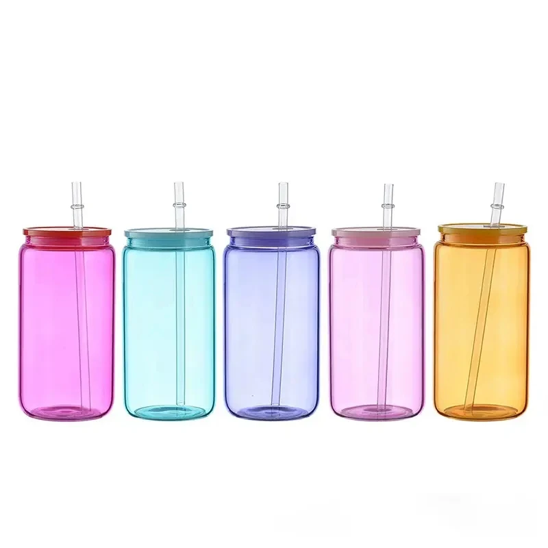 

16oz Colorful Glass Can Sublimation Glass Tumblers With Color Plastic Straw And Lid