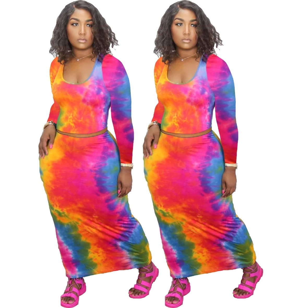

LW-CL234 Fat women fall autumn long sleeve tie dye crop top and long skirt 2 pieces jersy dresses plus size, As picture or customized make