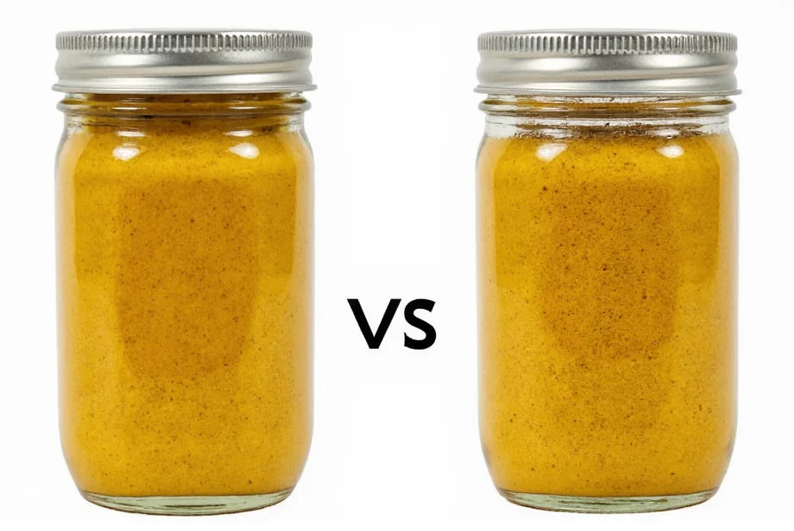 Close-up of yellow dry mustard powder in a glass jar with measuring spoon