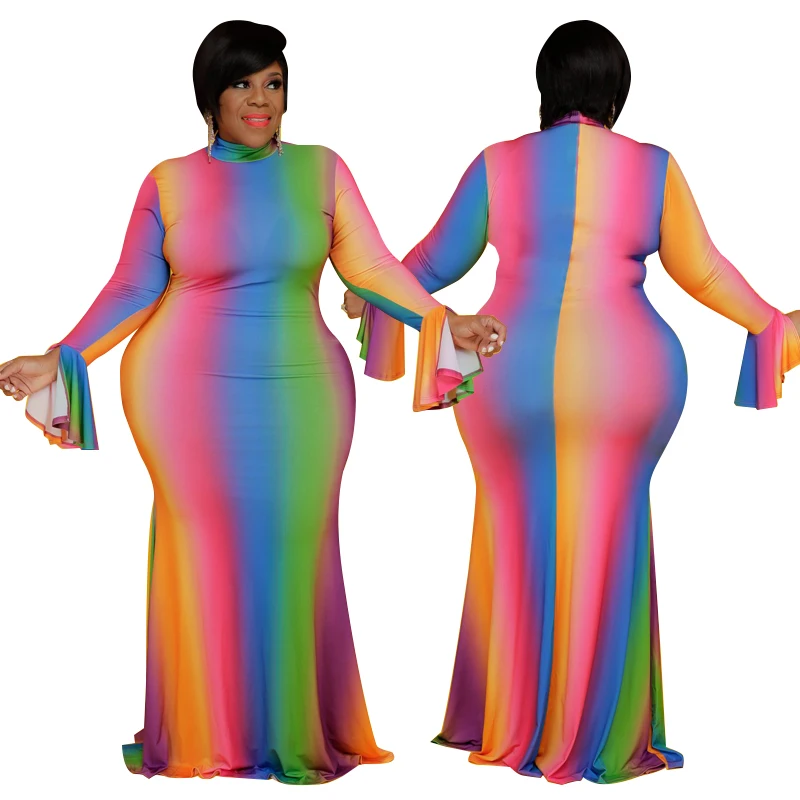 

Custom Plus Size Rainbow colors Ladies Skirts Curvy Dress Women Long Dresses