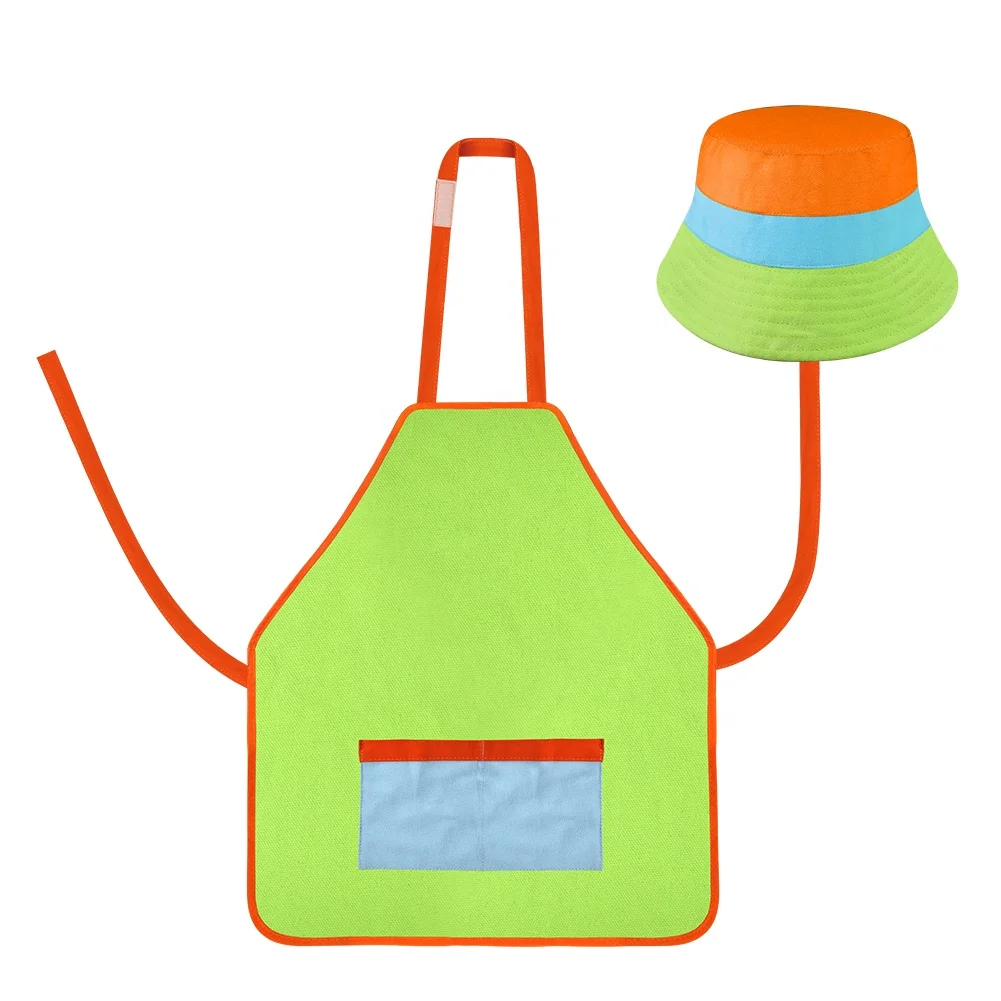 

kids gardening tools set with Cotton Apron and Bucket Hat Set for painting Adjustable Neck Strap Gift