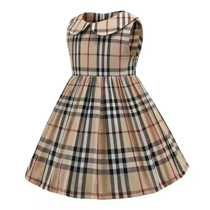 

Kids designer clothes girls dresses summer preppy style european and american girl plaid cotton dress, Beige one-piece dress