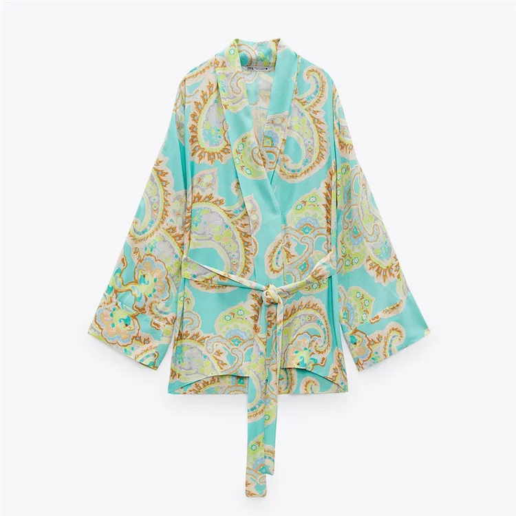 

BMURHMZA2021 summer new women's V-neck bow belt loose printed double-breasted long sleeve shirt, Picture color