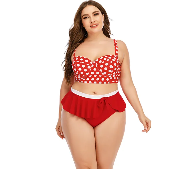 

2022 New Design Women Plus Size Bikini Dots Printed Hard Cup Ruffle Swim Bottom Sexy Bikini Swimwear
