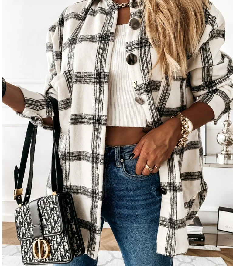 

2021 Spring Women Long Sleeve Flannel Blouse White Button Down Jacket Plaid Oversized Shirt