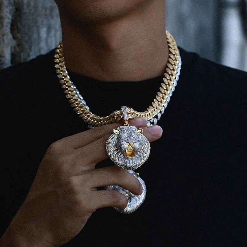 

2021 Hip Hop 18K Real Gold Plated Lion Pendent Chain Diamond Necklace Miami Cuban Link Chain Men, Gold/silver