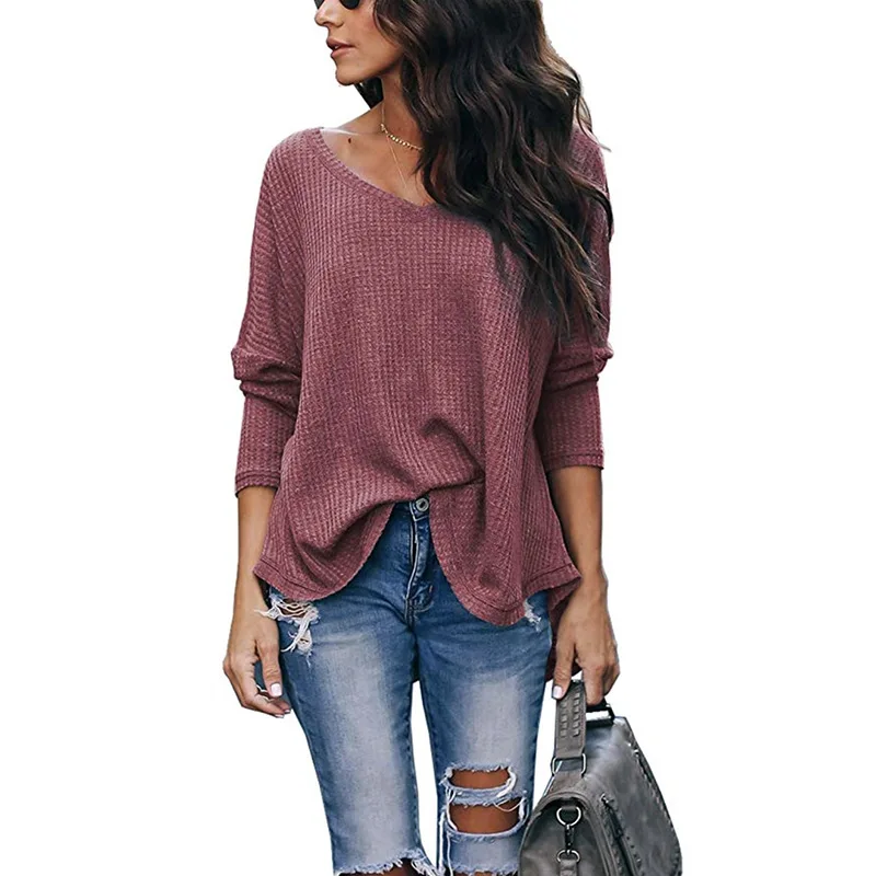 

factory wholesale women v neck solid color off shoulder oversize casual knitting pullover sweater de mujer