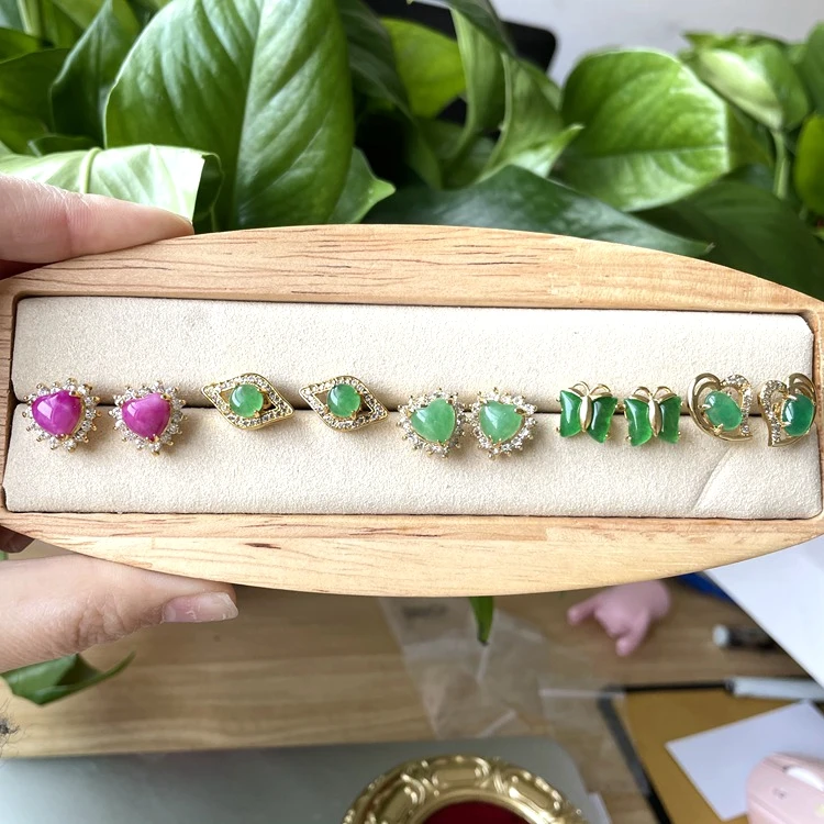 

Green Jade Butterfly Flower Earrings Jewelry For Women Natural Stone Teardrop Heart With Zircon Diamond Stud Earrings, Green , pink