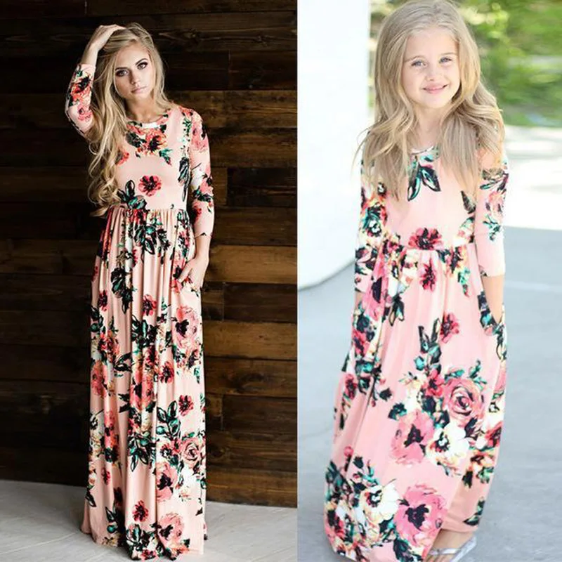 

America Mum Daughter Clothes Print Floral Long Dress Spring Summer 2021 Mommy And Me Outfits