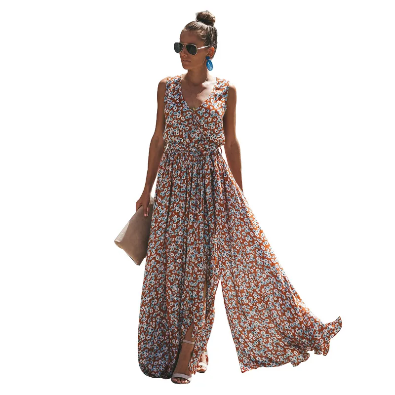 

New fashion womens dress bohemian ladies floral print v-neck long dresses