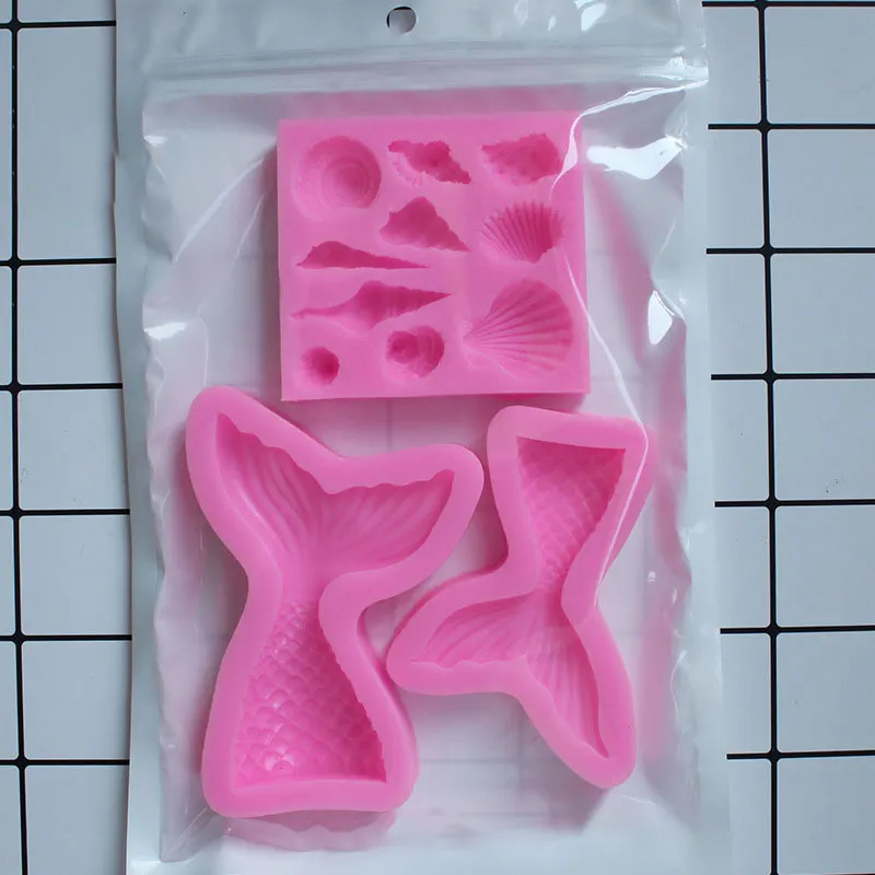 

Set of 3 Mermaid Tail Cake Silicone Fondant Mould Shell Conch Sea Life Silicone Mould Food grade silicone fondant, Pink