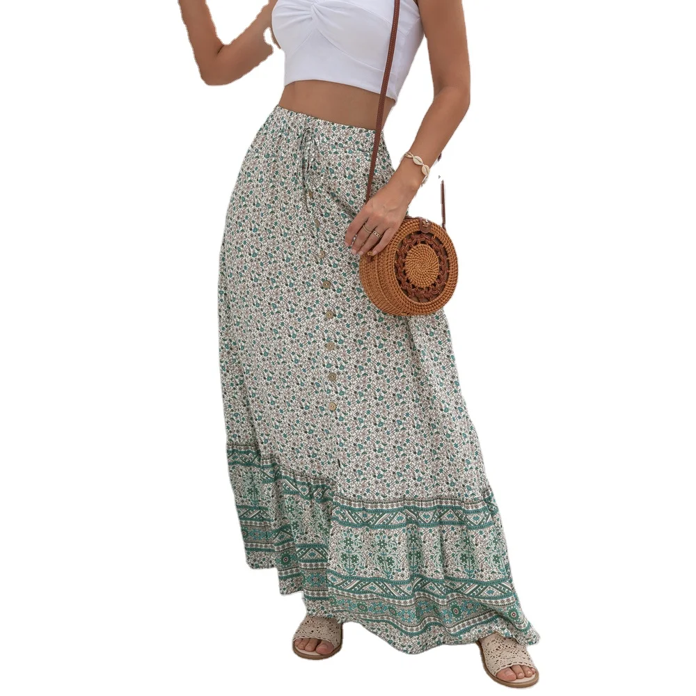 

summer Boho Style Sexy Floral Print Elastic Waist Women Rayon Long Skirt