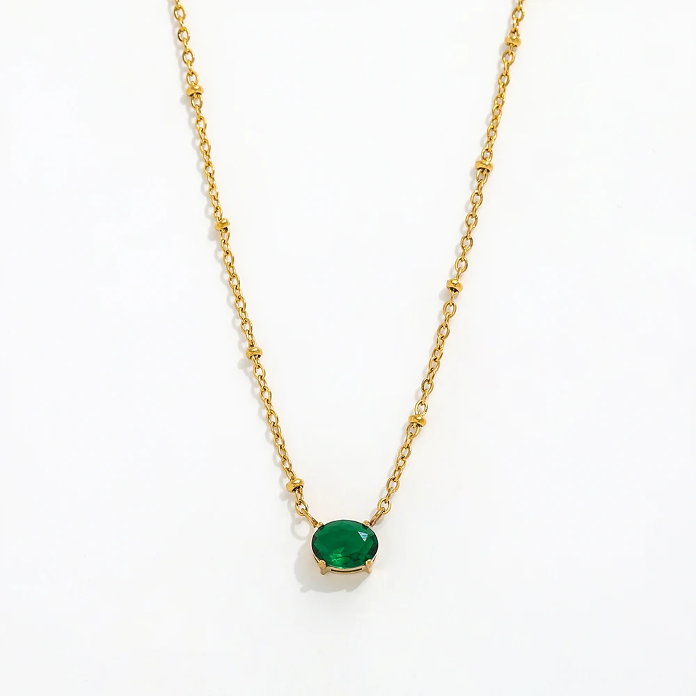 JOOLIM High End Stainless Steel Jewelry Oval Green Zirconia Pendant Cable Chain Beads Necklace 18K Gold Plated Jewelry Wholesale